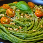 A black plate of green pesto spaghetti topped with cherry tomatoes, toasted pine nuts, fresh basil, and Parmesan cheese.