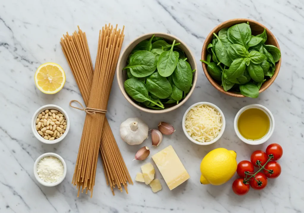 How many calories are in a cup of green spaghetti: Fresh ingredients for green pesto spaghetti, including whole wheat spaghetti, fresh spinach, basil leaves, lemon, pine nuts, Parmesan cheese, olive oil, and garlic, neatly arranged on a marble surface.