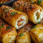 Golden crescent rolls stuffed with savory sausage and cream cheese, sprinkled with herbs and sesame seeds, served fresh and hot.