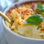 A serving of baked spaghetti being scooped out of a creamy, cheesy casserole dish with a golden spoon, garnished with fresh basil leaves.