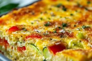 Delicious gluten-free breakfast casserole with vegetables and cheese.