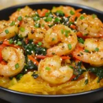 A vibrant shrimp stir-fry with spaghetti squash, sautéed vegetables, sesame seeds, and fresh green onions served in a black bowl.