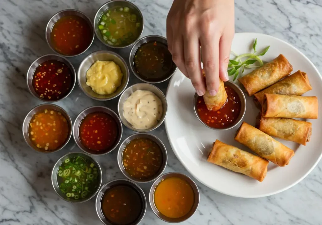 Egg Roll Dipping Sauces: Variety of savory dipping sauces paired with crispy egg rolls on a marble table