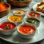 Assortment of simple and savory dipping sauces for egg rolls.