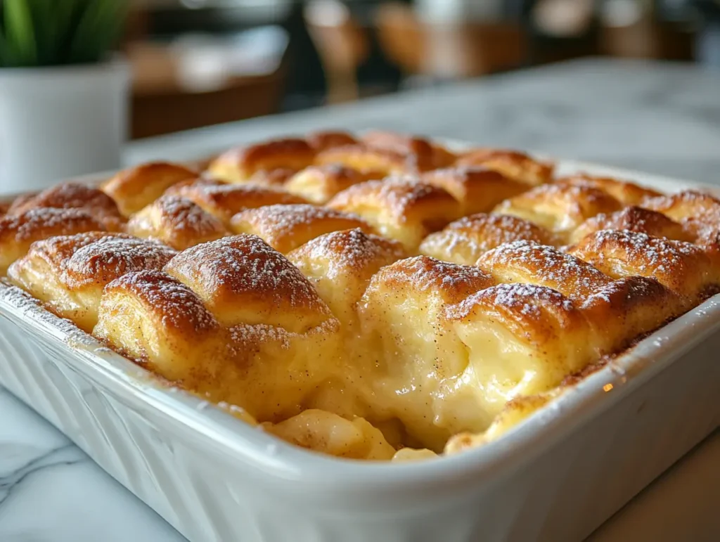 The Best Cinnamon Roll Breakfast Casserole with a gooey, warm center and a dusting of powdered sugar. 