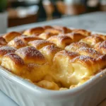 The Best Cinnamon Roll Breakfast Casserole with a gooey, warm center and a dusting of powdered sugar.