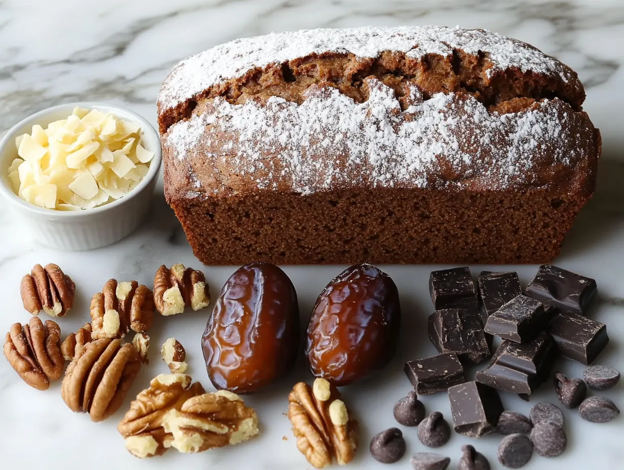 Freshly baked date nut bread recipe loaf on a wooden cutting board.