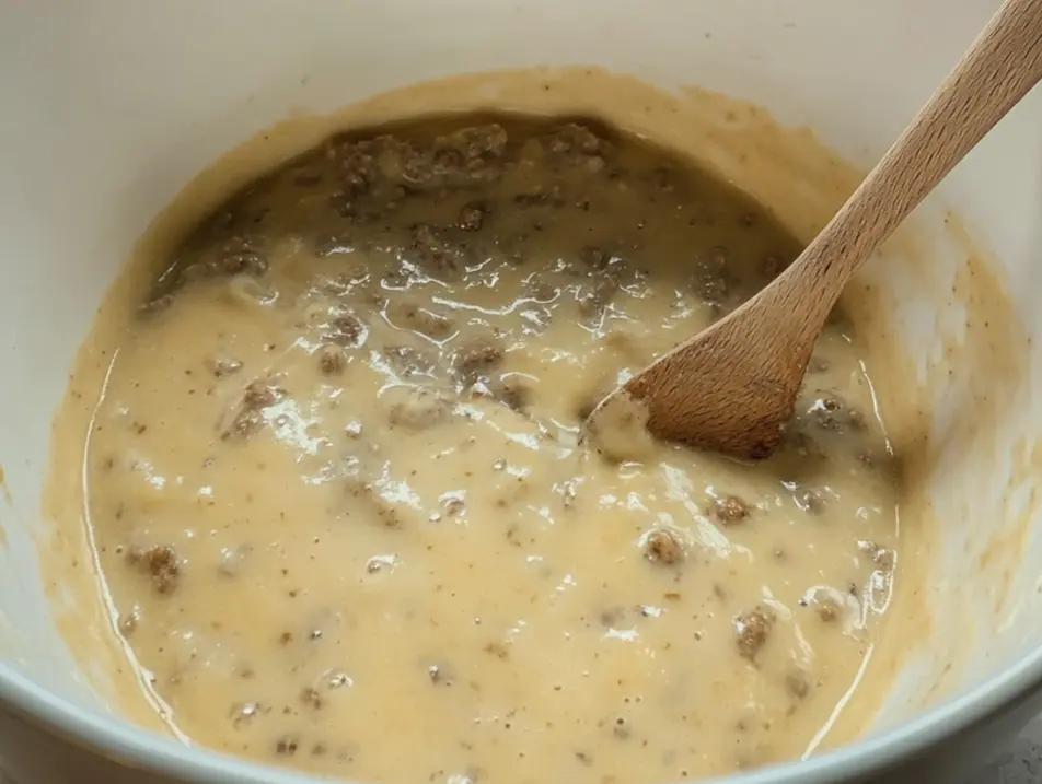 A creamy, light brown sauce with bits of sausage is mixed in a white bowl with a wooden spoon.