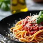 Grated Parmesan cheese on a plate of spaghetti.