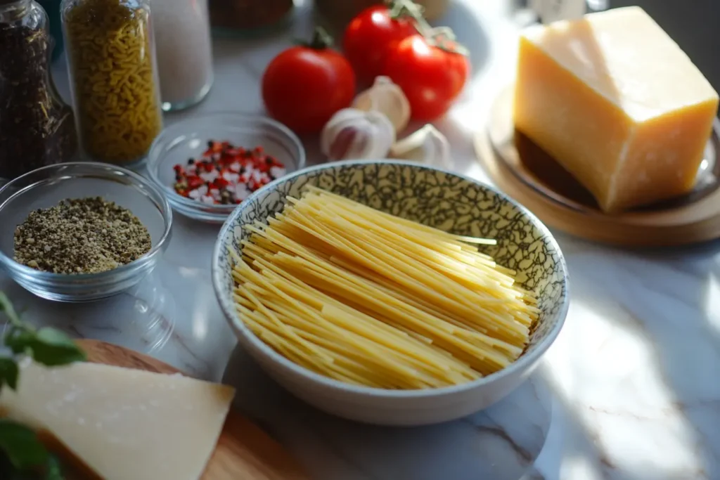 Best Cheese for Spaghetti: A bowl of uncooked spaghetti surrounded by fresh tomatoes, garlic, a block of cheese, and various spices on a marble countertop.