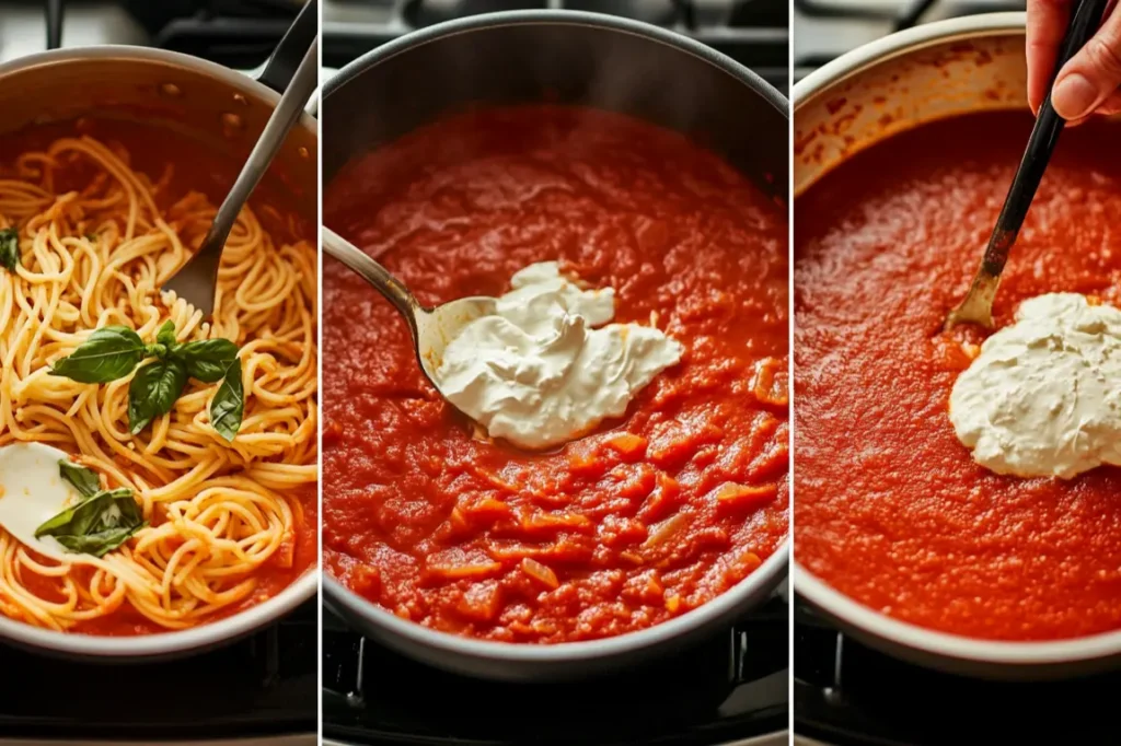 Why add cream cheese to spaghetti sauce? A step-by-step collage of cooking creamy tomato sauce, featuring spaghetti mixed with basil, tomato sauce simmering with cream cheese, and stirring it all together.