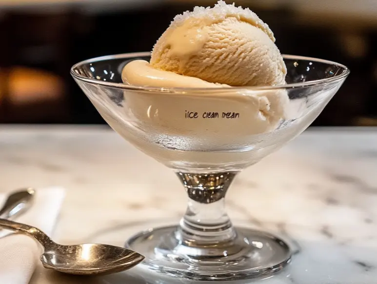 A scoop of creamy carnivore ice cream in a glass dessert cup on a marble countertop.