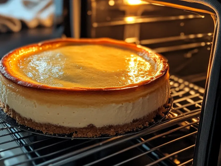 Baking the high protein cheesecake in the oven.