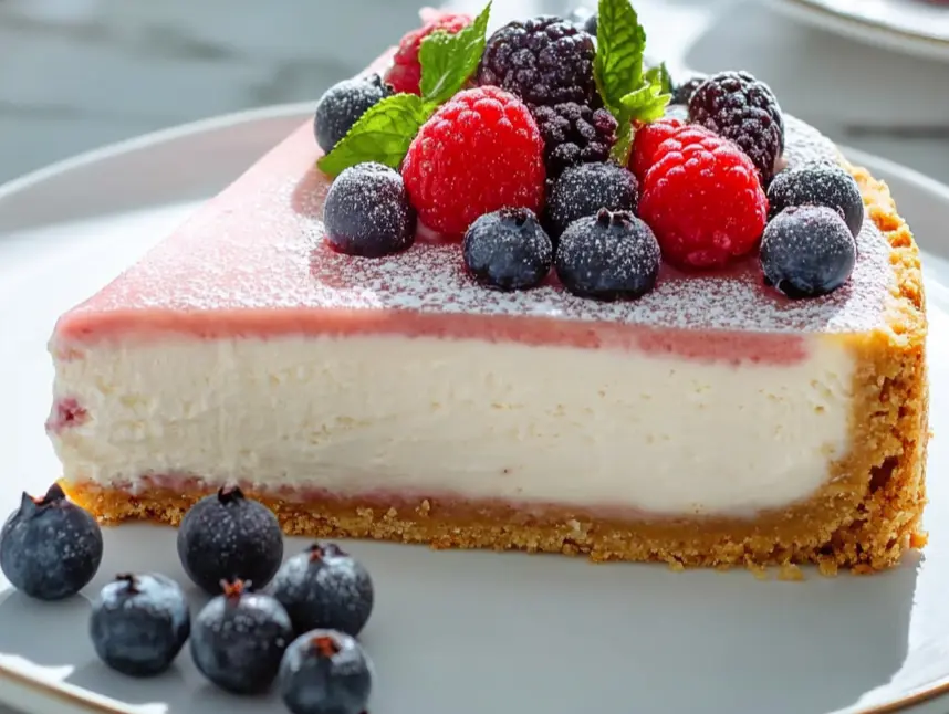 A slice of no-bake high protein cheesecake