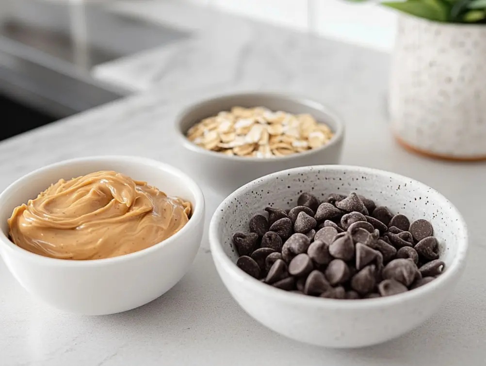 Close-up of bowls containing essential ingredients: almond butter, oats, laid out on a kitchen counter, ready to be mixed into protein balls