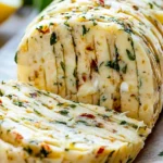 A log of Cowboy Butter butter is partially sliced, revealing herbs and spices.