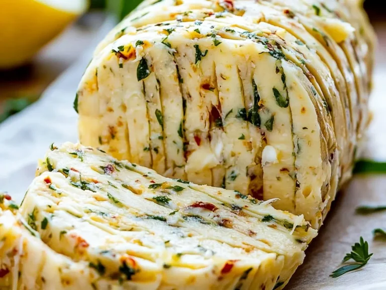 A log of Cowboy Butter butter is partially sliced, revealing herbs and spices.
