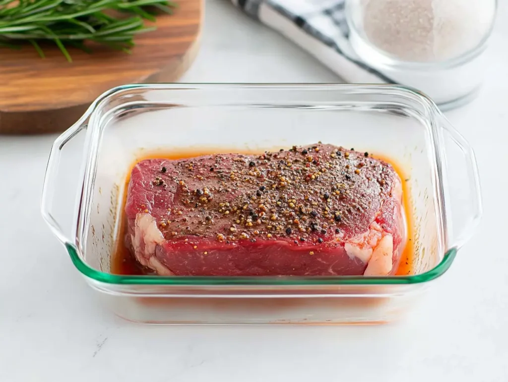 A tender, marinated steak prepared for grilling. A raw steak seasoned with peppercorns sits in a glass baking dish.