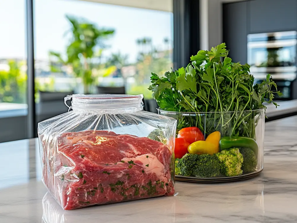 3 ingredient steak marinade sealed in a bag, next to fresh vegetables.