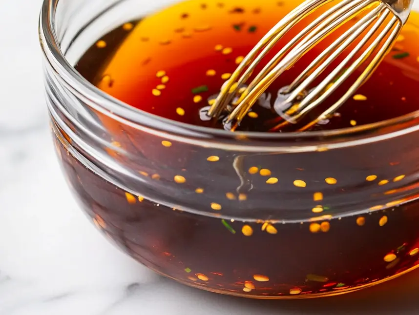 Prepared sauce: A clear glass bowl holds a dark, rich sauce being whisked with a metal whisk.