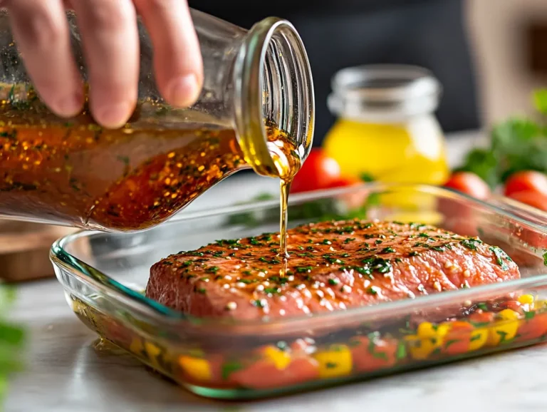 A hand pours marinade from a jar over a salmon fillet in a glass baking dish.