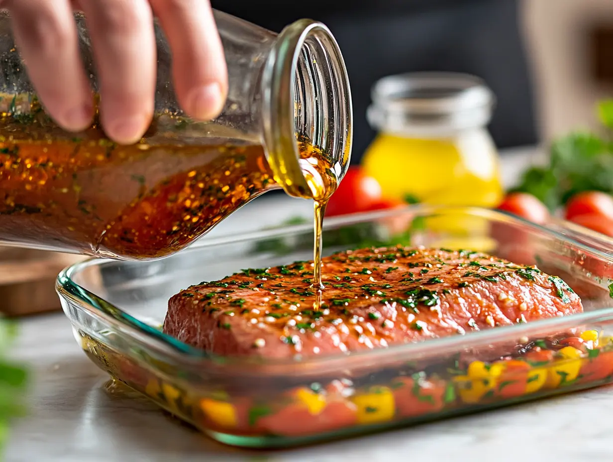 A hand pours marinade from a jar over a salmon fillet in a glass baking dish.