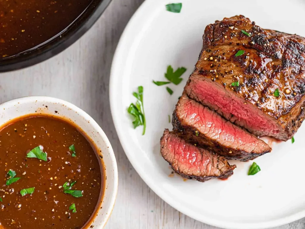 Our delicious sliced medium-rare steak on a white plate with a small bowl of steak sauce.