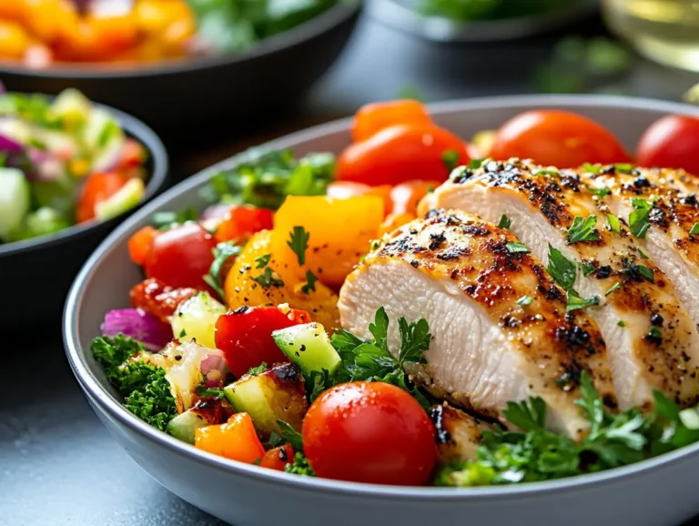 A healthy bowl filled with chicken breast and colorful vegetables.