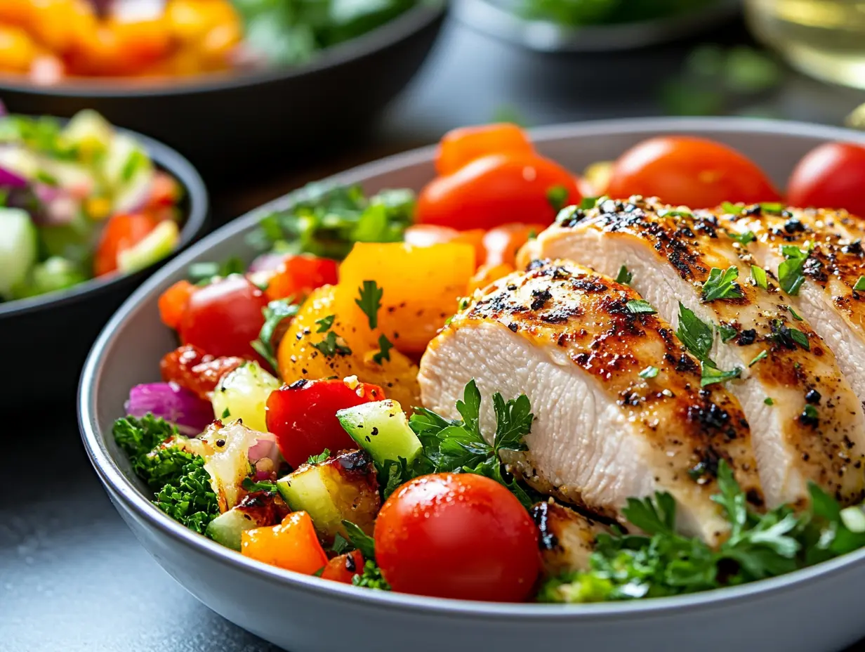 A healthy bowl filled with chicken breast and colorful vegetables.