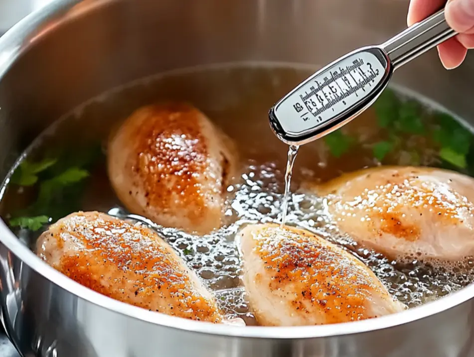 Four seasoned chicken breasts poach in a metal pot, and a meat thermometer checks the temperature.