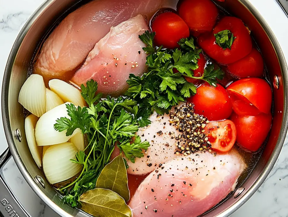 A pot of water contains chicken breasts, quartered tomatoes, sliced onions, parsley, peppercorns, and bay leaves.
