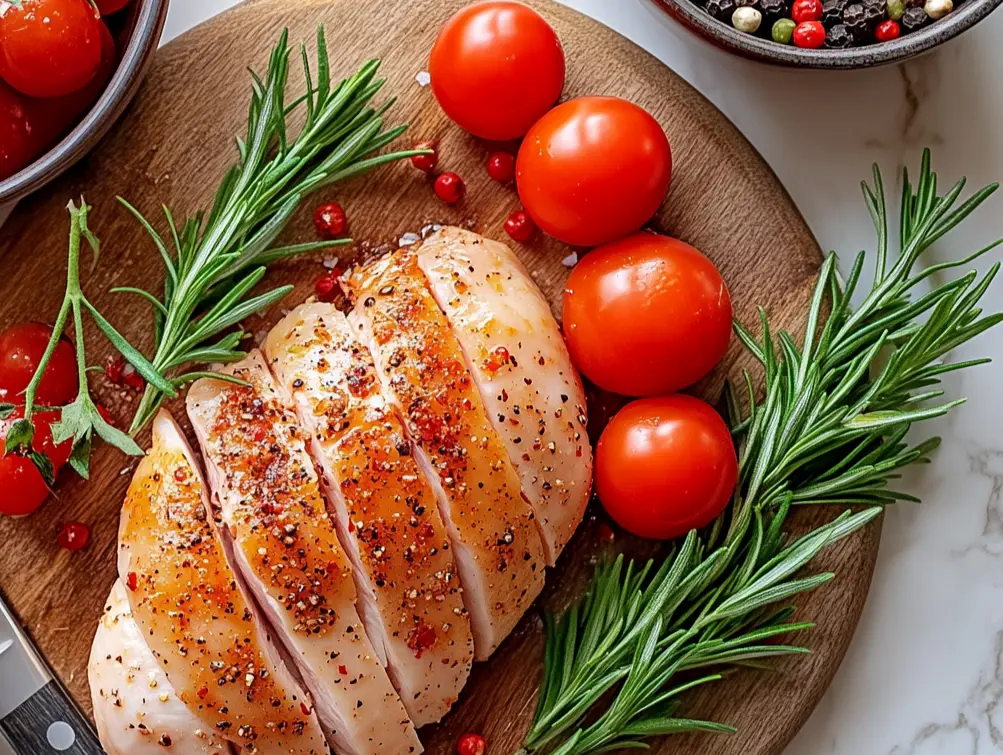 Sliced roasted chicken breast on a wooden cutting board with rosemary sprigs and cherry tomatoes.