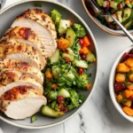 Sliced, seasoned chicken breast served with a colorful vegetable salad.