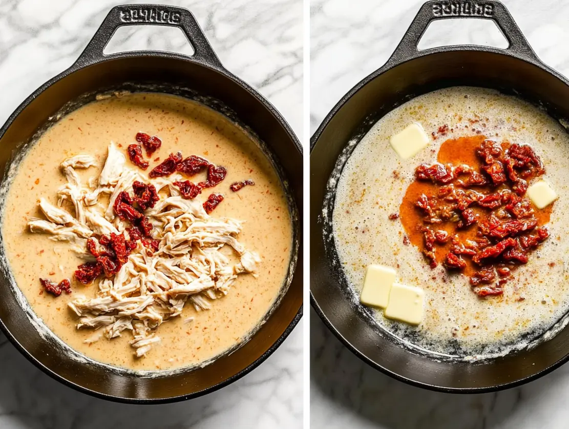 Two images show steps in cooking a creamy sauce with chicken and sun-dried tomatoes in a cast iron skillet.