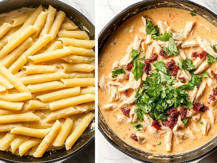 Two images show pasta being combined with a creamy sauce, chicken, sun-dried tomatoes, and basil.