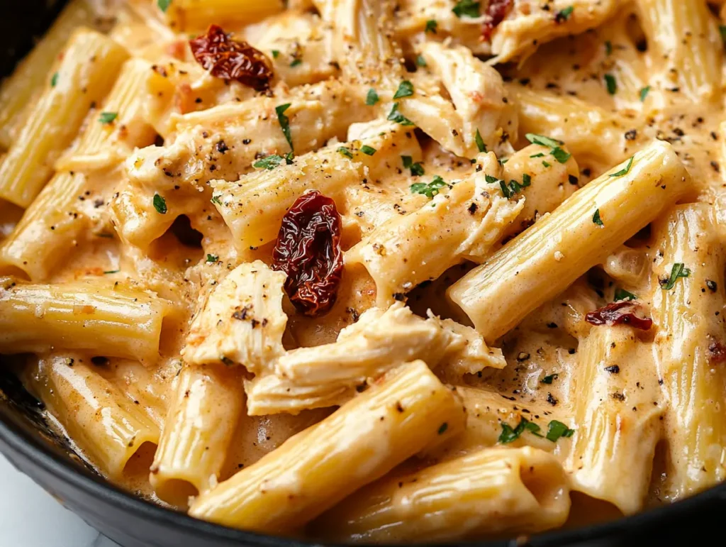 Close-up shot of the final touches on Marry Me chicken pasta.