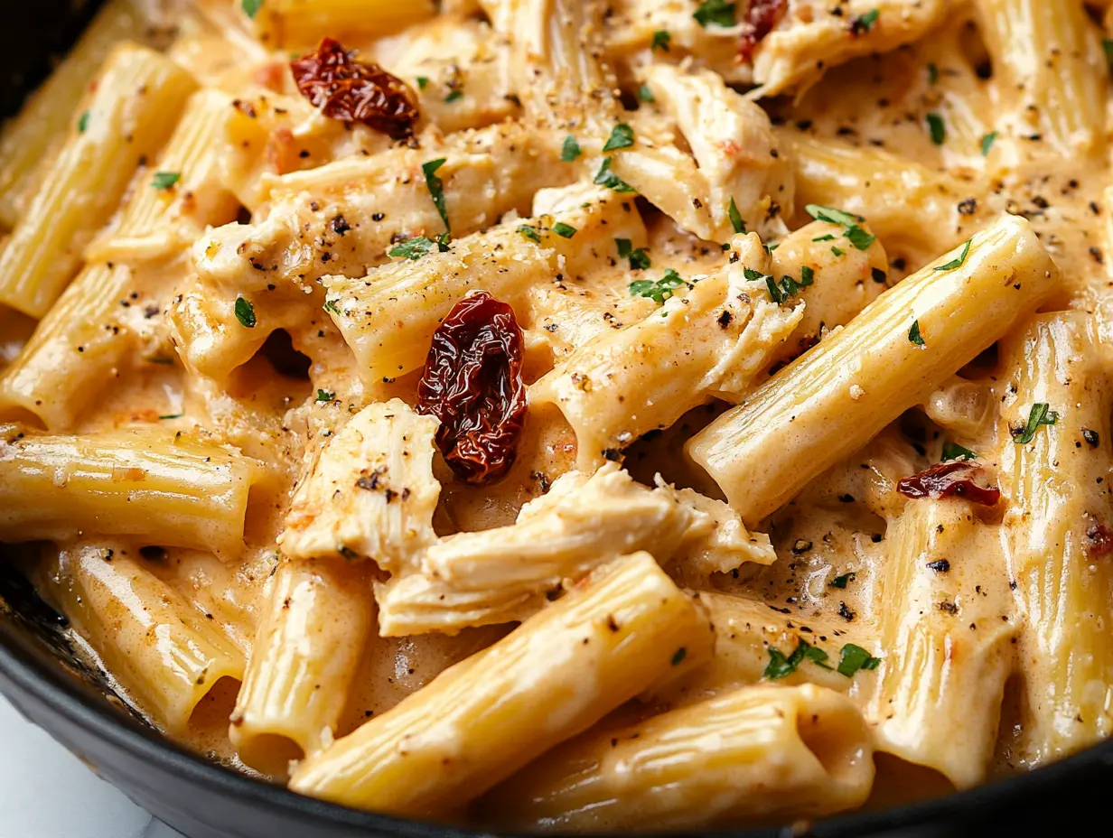 Close-up shot of the final touches on Marry Me chicken pasta.