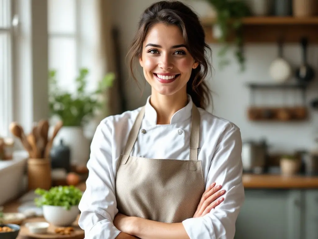 Amy smiling in a professional kitchen, wearing a white chef coat and beige apron.