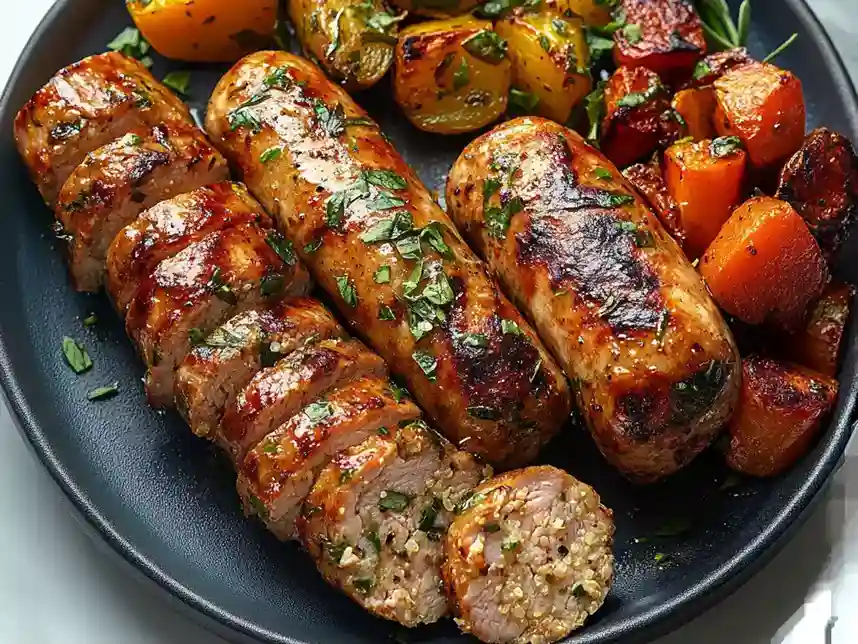 Plated meal with sliced chicken sausage in air fryer