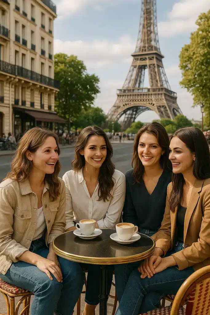 enjoying coffee together at a Parisian café with the Eiffel Tower in the background.