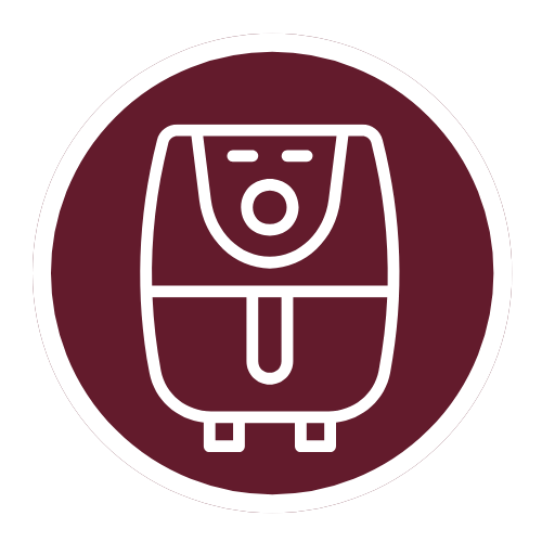 Icon of an air fryer outlined in white on a maroon circular background.