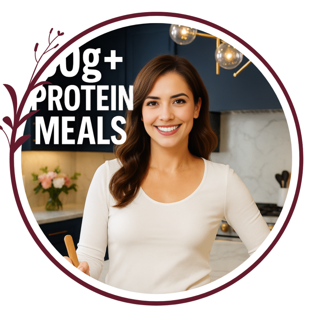 In my kitchen holding a spoon, next to the text “30g+ Protein Meals,” with floral graphics and a maroon circle frame.