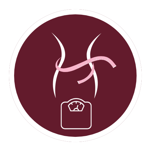 Icon of a slim waist with a measuring tape and a scale on a maroon circle background.