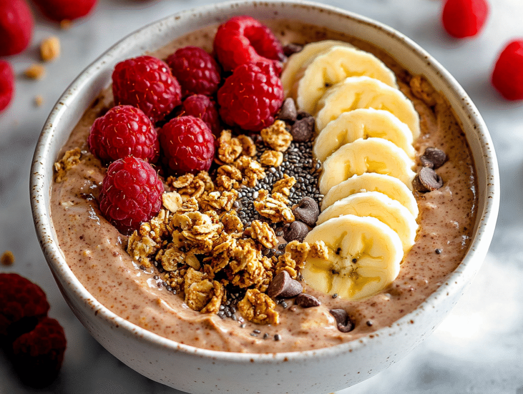 Close-up of a chocolate peanut butter Greek yogurt protein bowl with bananas, raspberries, granola, chia seeds, and chocolate chips.