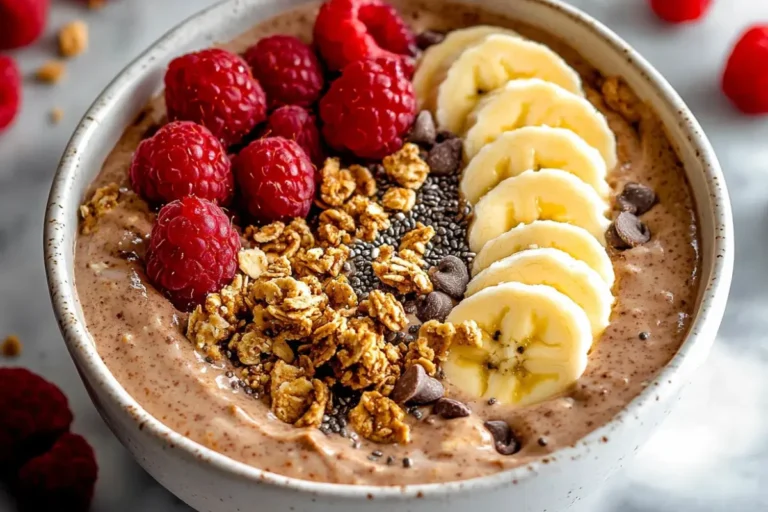 Close-up of a chocolate peanut butter Greek yogurt protein bowl with bananas, raspberries, granola, chia seeds, and chocolate chips.