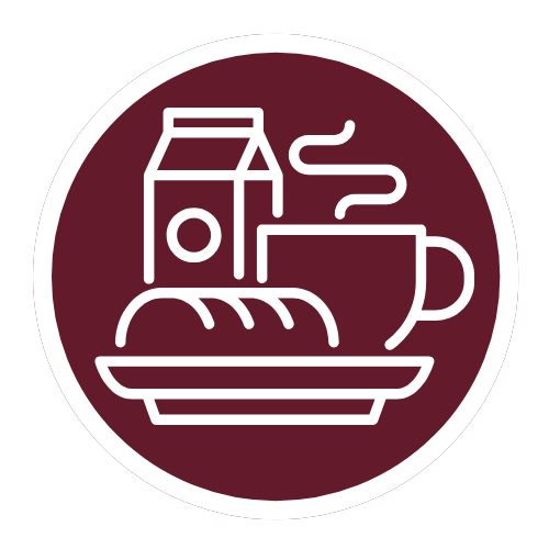Icon showing a steaming coffee cup and a croissant on a maroon circle background.