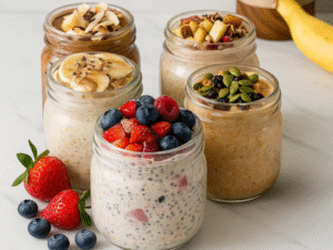 A beautiful glass jar of overnight oats 5 ways, layered with berries and topped with nuts, sitting on a rustic wooden table.