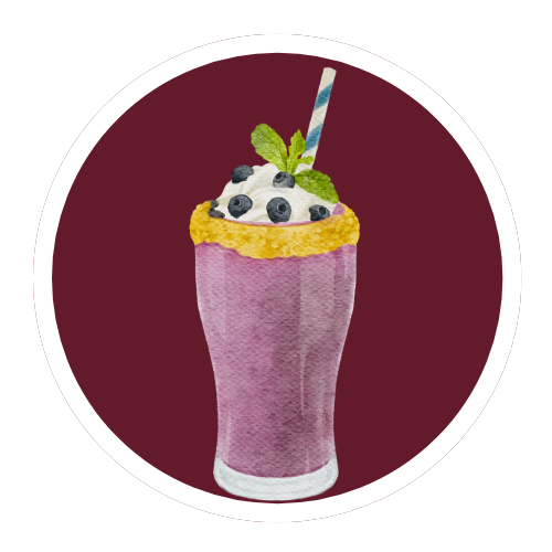 Icon of a creamy protein smoothie topped with whipped cream and blueberries on a maroon circle background.