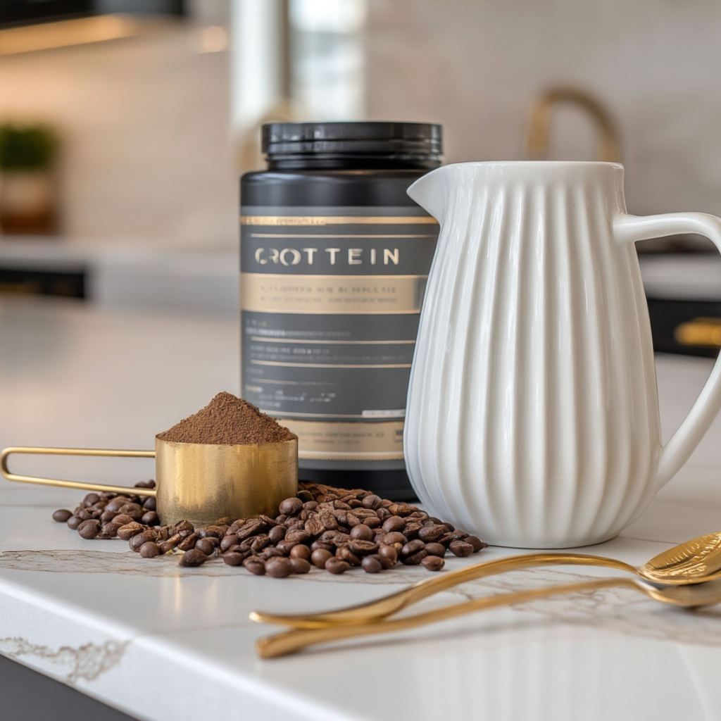 protein coffee recipe: Protein powder container, gold scoop of coffee, coffee beans, and a white milk pitcher on a marble kitchen counter.
