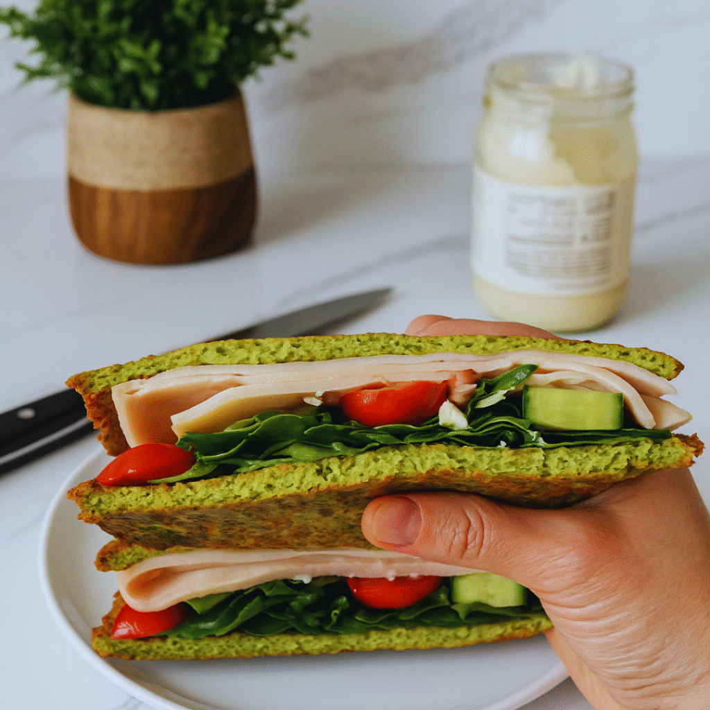 avocado bread recipe: Amy holding a sandwich made with green avocado bread, turkey, spinach, cucumber, and tomatoes on a white plate.